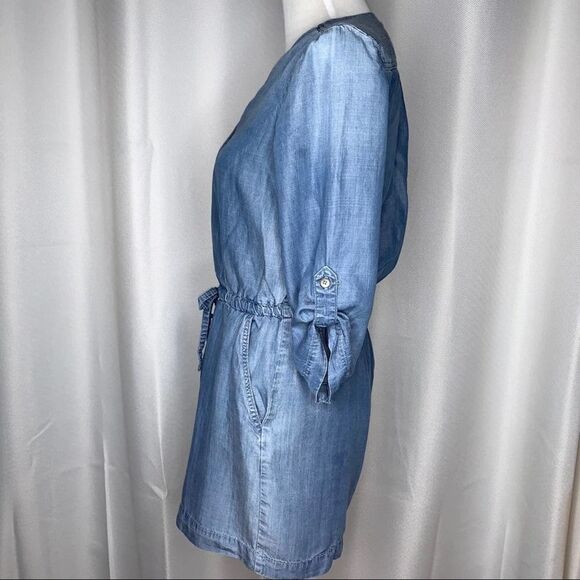 Cato Chambray Faux Wrap Roll Tab Sleeves Romper - Picture 5 of 9